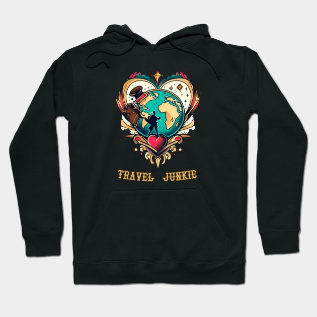 Travel Junkie, Tattoo Style Hoodie by JOYMADS